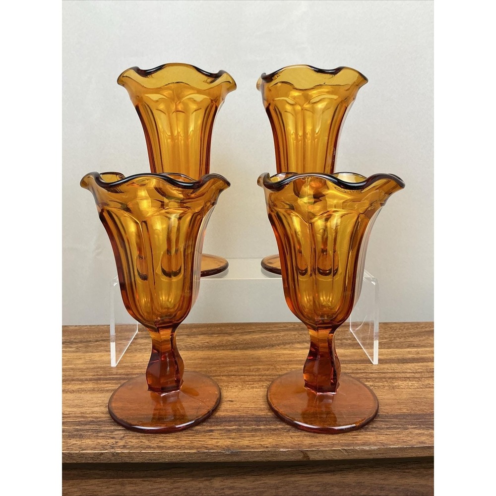 Vintage Amber Glass Sundae Glasses Set of 4 Ruffled Rim Footed Dessert Bowls 6in